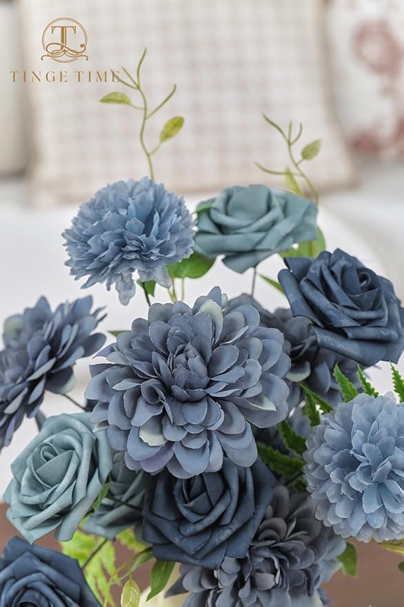 TINGE TIME Artificial Flowers Combo Box Set, Dusty Blue Roses Gradient Color Fake Roses with Stems for DIY Wedding Bouquets Table Centerpieces Baby Shower Home Party Floral Arrangements Decorations