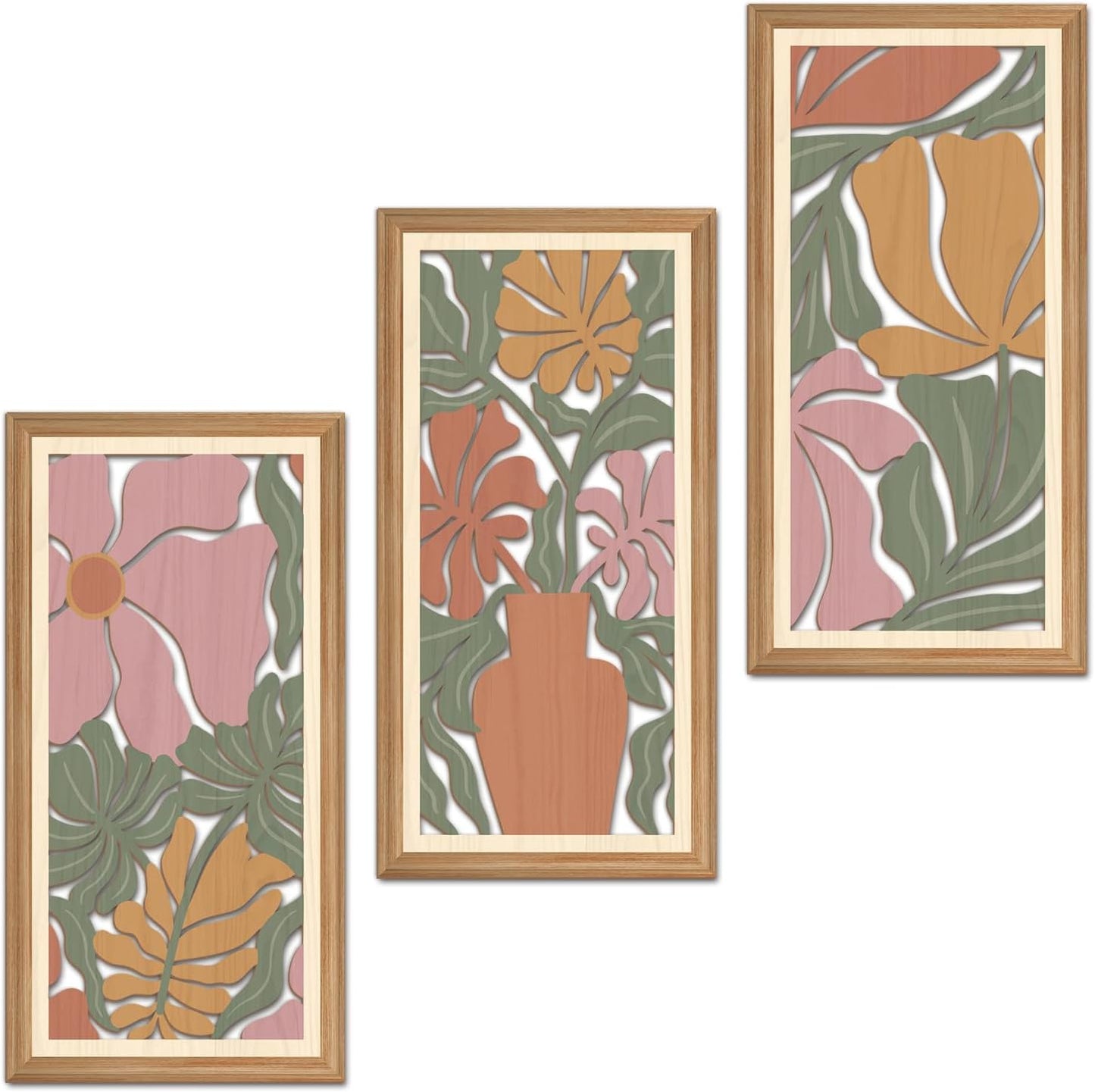 IARTTOP 3 Pcs Boho Flower Market Wall Decor Floral Botanical Modern Wood Wall Art Bohemian Floral Hanging Decor Abstract Minimalist Wooden Art for Living Room Bedroom Office 7.9 x15.8 Inch