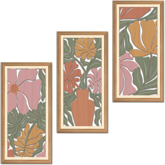 IARTTOP 3 Pcs Boho Flower Market Wall Decor Floral Botanical Modern Wood Wall Art Bohemian Floral Hanging Decor Abstract Minimalist Wooden Art for Living Room Bedroom Office 7.9 x15.8 Inch
