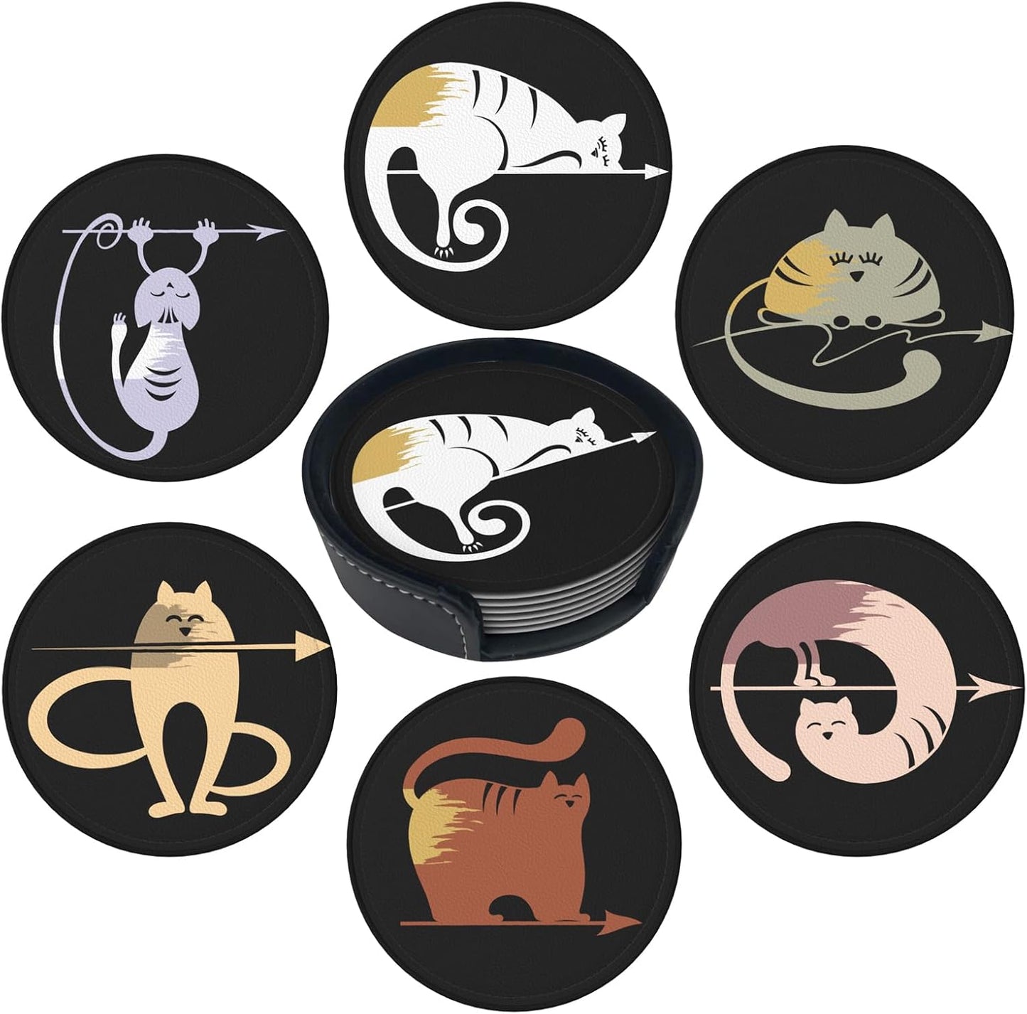 Funny Cat Print Leather Drink Coasters Set of 6 with Holder Round Cup Coaster for Table Decor