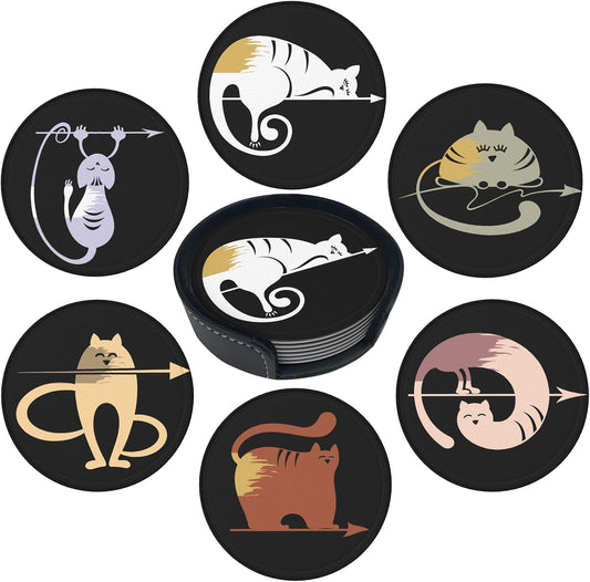 Funny Cat Print Leather Drink Coasters Set of 6 with Holder Round Cup Coaster for Table Decor