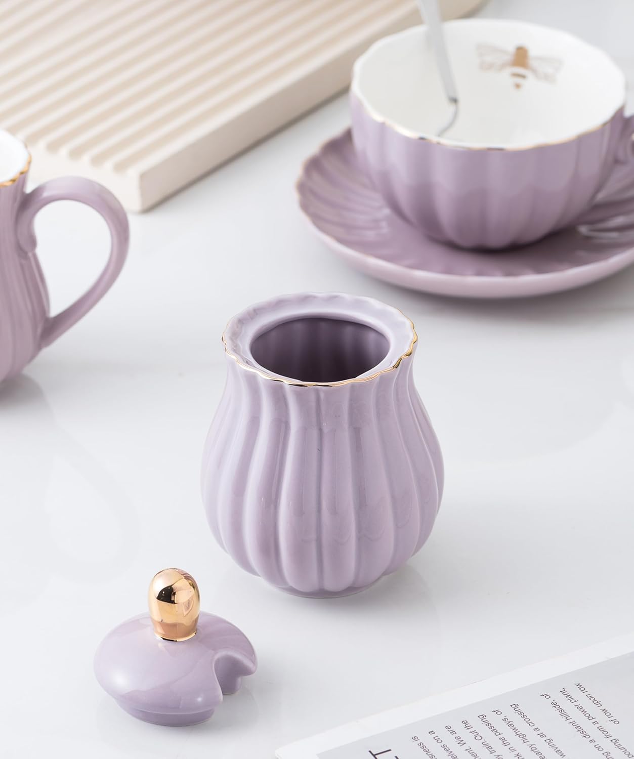 Clay Tonic- 8 OZ Fine China Purple Coffee Cup/Teacup Set, Cups & Saucer, with Teapot-Sugar Bowl-Cream Pitcher Teaspoons and tea strainer for Tea/Coffee,24-Pieces- Service for 6 (Purple)