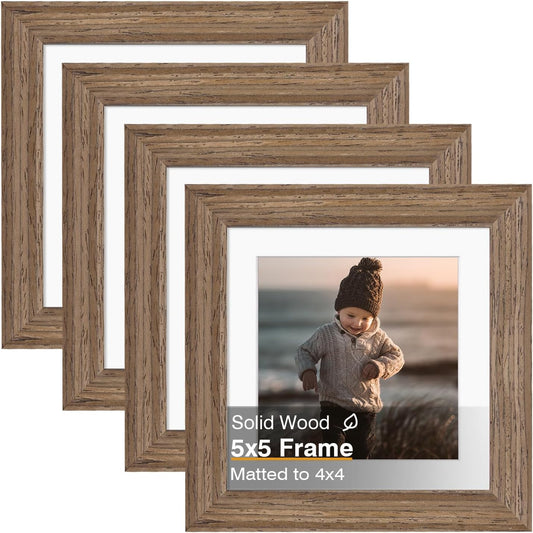 KINLINK 5x5 Picture Frame, Brown Square Solid Wood Frames for Pictures 4x4 with Mat or 5x5 without Mat, Wall and Tabletop Display Photo Frames Brown Wood 4 Pack