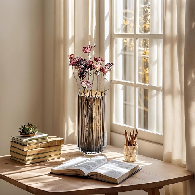 Ekirlin Amber 7.5 inch Flower Vase for Home Decor, Thickened Hand Blow Glass Vase Round Vintage Striped Bottles for Bookshelf,Dinner Table,Indoor Office Desktop,Meeting Room,Bathroom, Best Gift