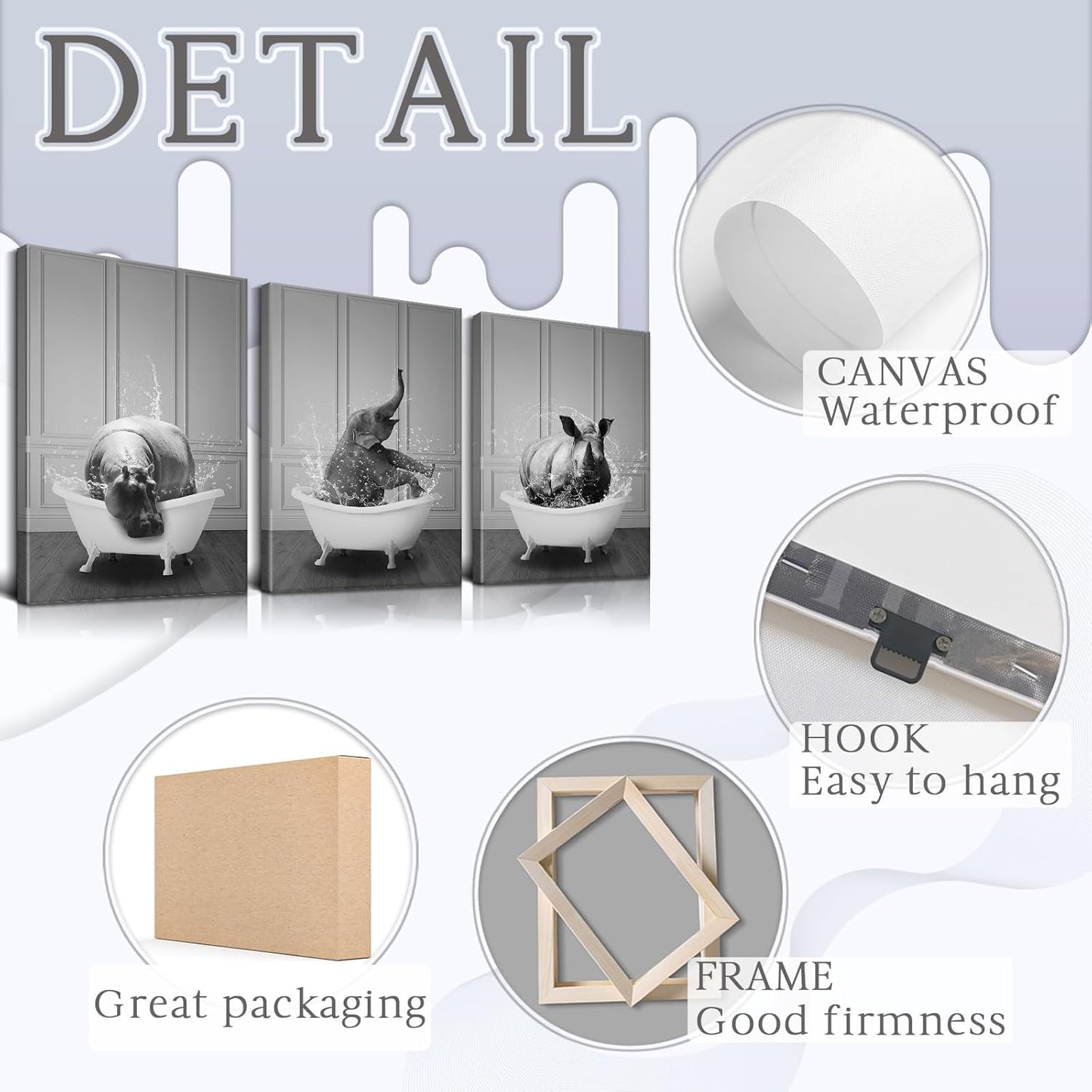 Funny Animal Bathroom Wall Art - 3 Piece Set, Cute and Humorous Bathroom Pictures Wall Decor, Waterproof and Moisture Resistant Bathroom Wall Decor for Bath, Toilet, or Powder Room (20''Hx28''Wx3PCS)