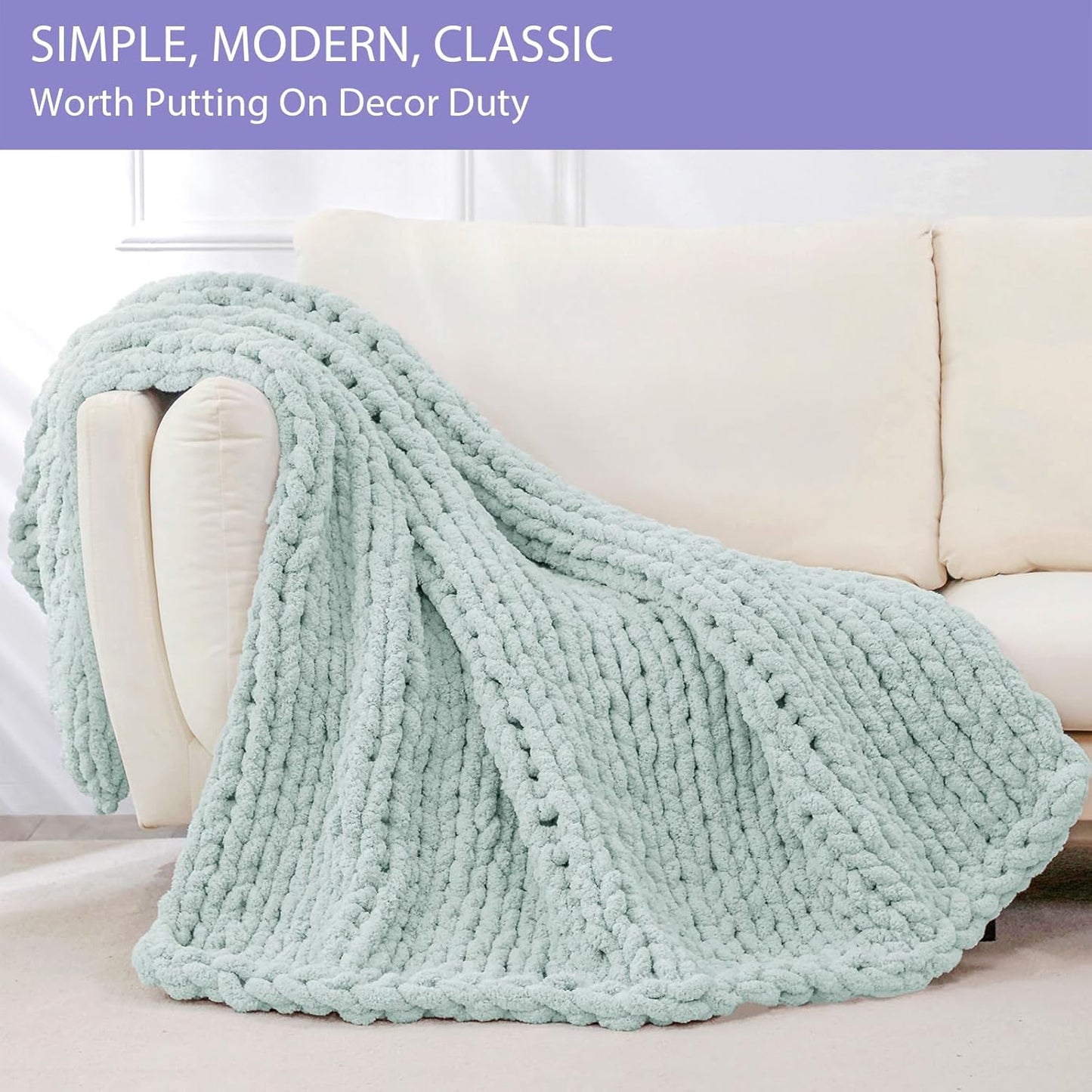 Bigacogo Chunky Knit Throw Blanket for Couch, 40x40 inches, 100% Hand Knitted with Thick Jumbo Chenille Yarn, Cozy Soft Large Rope Knot Cable Crochet Blankets for Sofa Bed Living Room, Mint