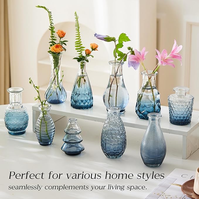 Glass Bud Vase Set of 60 - Small Vases for Flowers in Bulk - Assorted Vintage Crystal Vases for Flowers, Table Centerpieces (Blue, 60 Pcs)