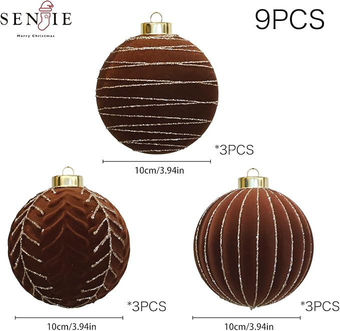 4inch Velvet Ornaments for Christmas Tree, 9PCS Glitter Flocked Christmas Ornaments Decorations Balls Set Decor Brown