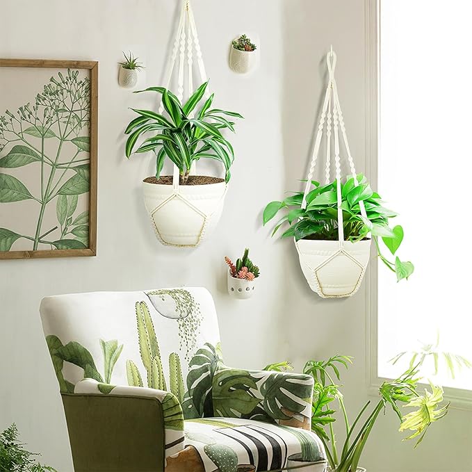 FGSAEOR Macrame Plant Holder Indoor Outdoor, Hanging 3-15 inch Pot, Bearing 20lb Planters, DIY Handmade Hanging Planter Basket, 35-Inch Extra Long Strong Boho Home Décor (2-Pack) (Ivory)
