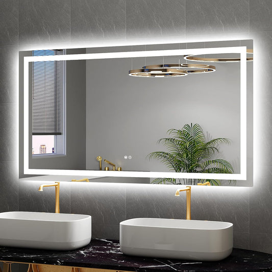 LED Mirror for Bathroom 55x30 Lighted Bathroom Vanity Mirrors with Lights, Brighter Frontlit and Backlit Anti-Fog Mirror, Tempered Glass, Dimmable 3 Colors Light Modes, Memory Function