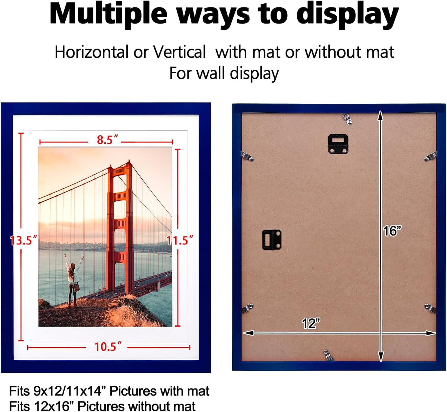 KINLINK 12x16 Picture Frame Navy, Solid Wood Frames with Acrylic Plexiglass for Pictures 11x14/9x12 with Mat or 12x16 without Mat, Wall Display Photo Frame, Set of 4