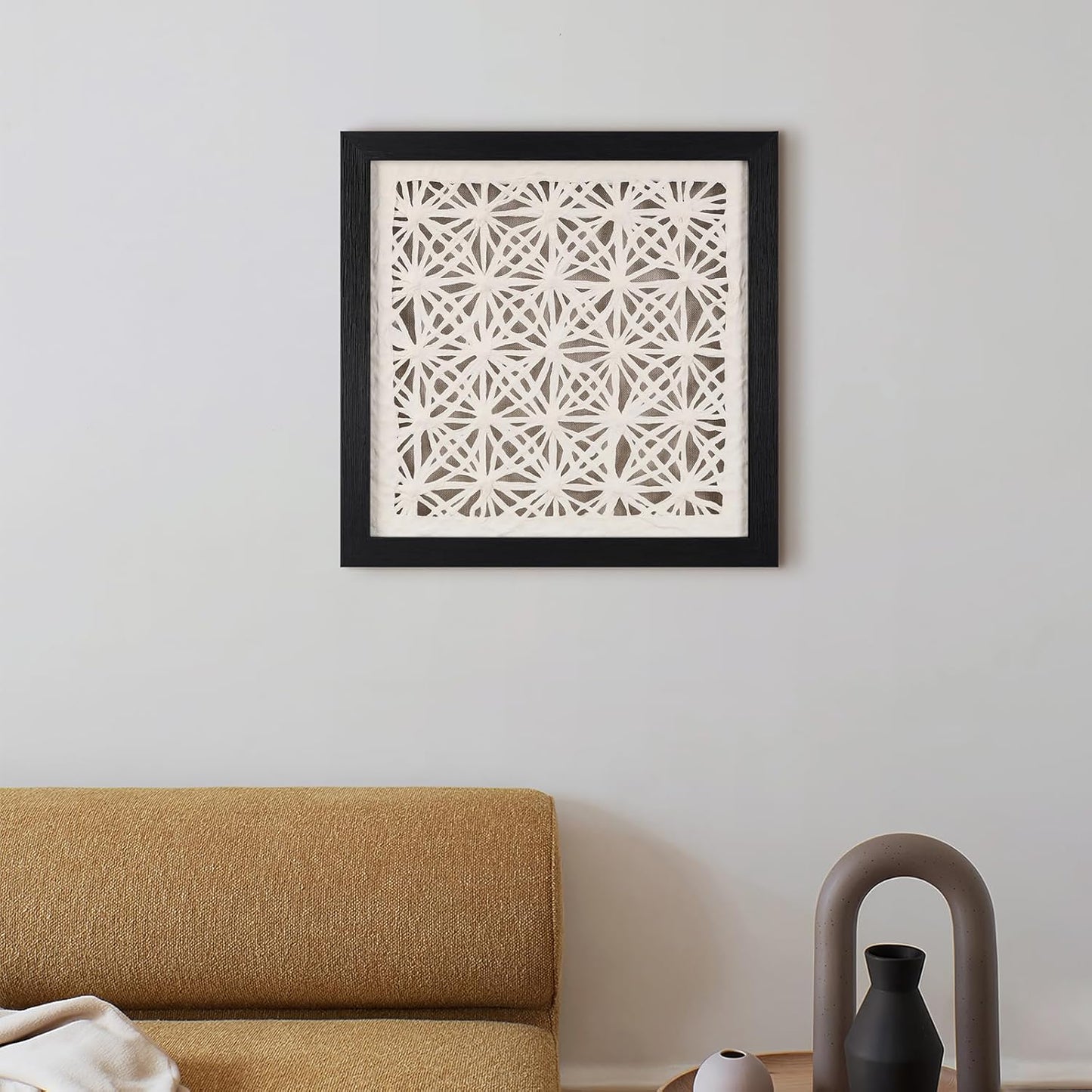 FOLKOR Abstract Framed Black and White Wall Art for Hallway Entryway Staircase, 12" Natural Rice Paper Geometric Wall Decor, Unique Room Aesthetic Artwork Wall Panel for Farmhouse Living Room Book Shop