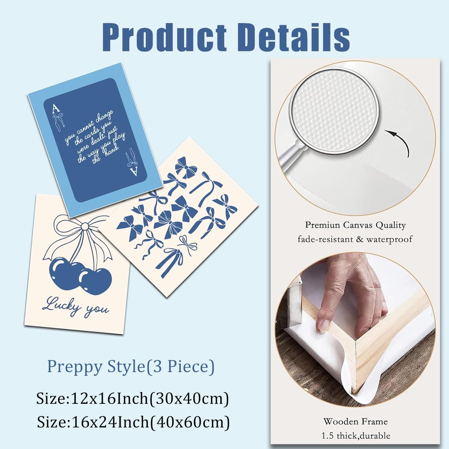 Julaydi Blue Preppy Wall Art Framed Set of 3 Trendy Navy Bow Posters Cherry Lucky You Poker Canvas Prints Minimalist Painting Picture Girly College Apartment Decor for Living Room Bedroom Dorm 16x24in