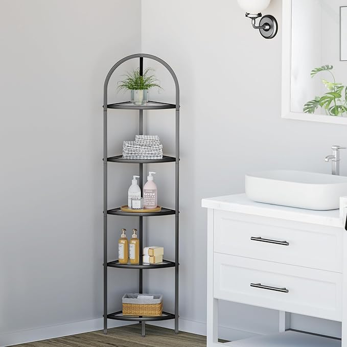 Homhedy 5-Tier Corner Shelf Stand, Metal Corner Bookshelf, Tempered Glass Shelves, Bathroom Storage Rack Shelf, Plant Stand, Modern Style, Black