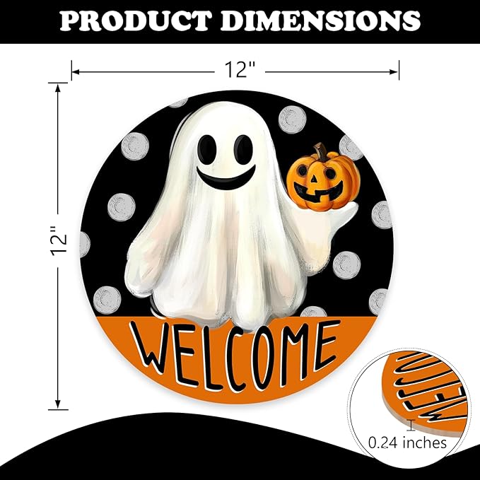 Welcome Halloween Spooky Ghost Front Door Sign, Scary Jack O Lantern Pumpkin Wood Hanger Outdoor Outside Porch Home Decor, Funny Polka Dots Wooden Wreath Indoor Wall Hanging Decoration