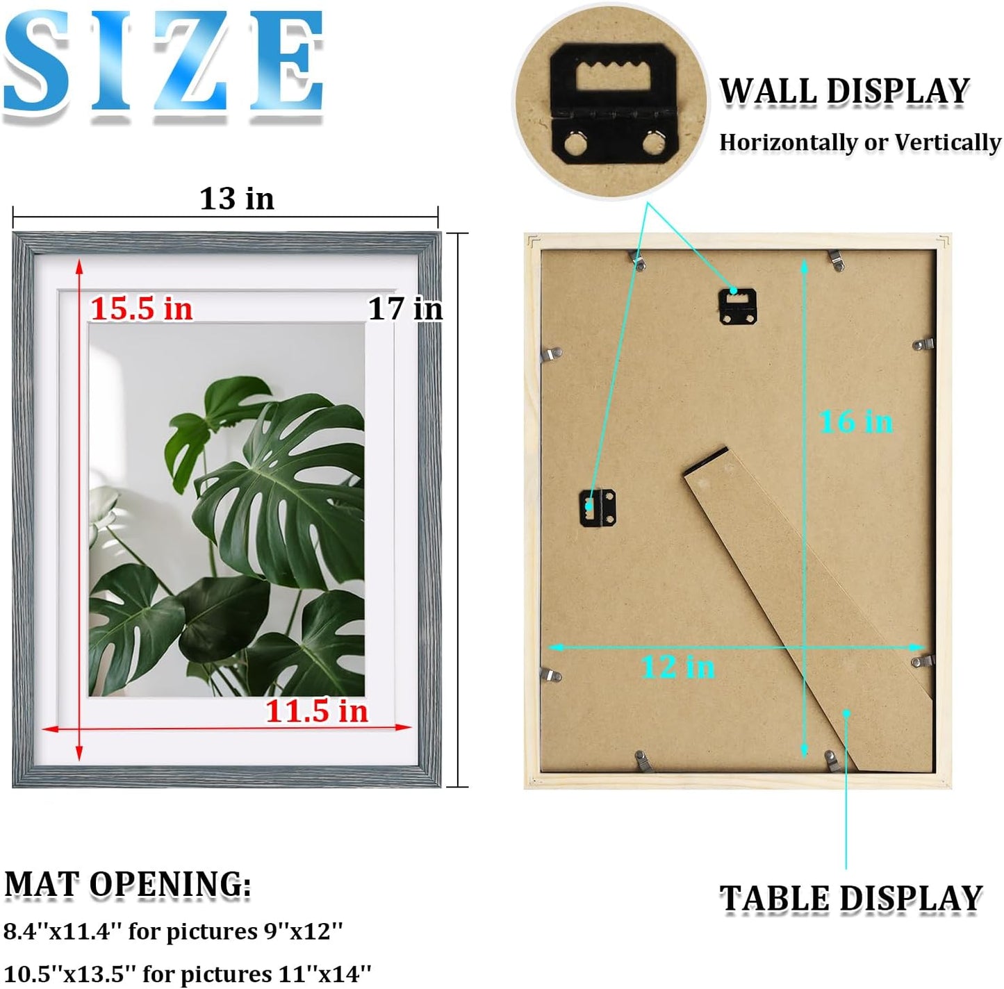 Egofine 12x16 Picture Frames Set of 4, Made of Solid Wood Covered by Plexiglass 9x12 and 11x14 with Mat or 12x16 without Mat, for Wall Mounting Photo Frame Rustic Blue