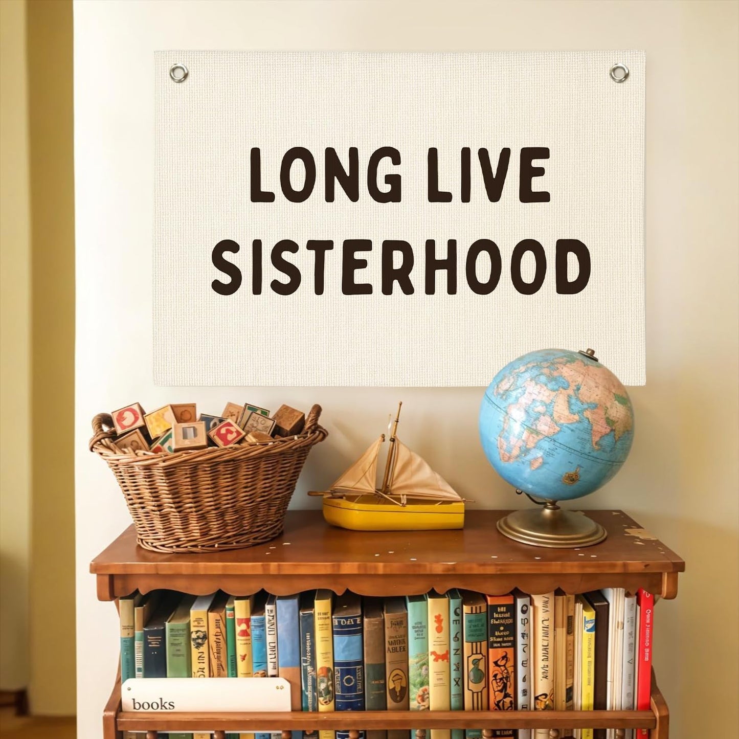 Girls Room Decor–Long Live Sisterhood Linen Canvas Banner, Wall Hanging for Nursery, Playroom, Teen Girl Bedroom 20x30 Inch