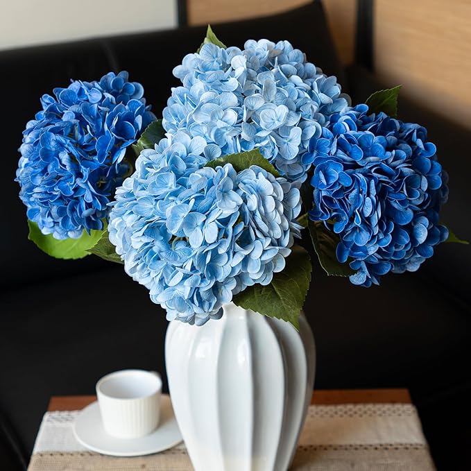 3PCS 22 inch Realistic Artificial Hydrangea Large Real Touch Flowers Artificial Flowers Dry Flowers Outdoor Wedding Christmas Office Family Party Living Room Table Decoration (Blue)