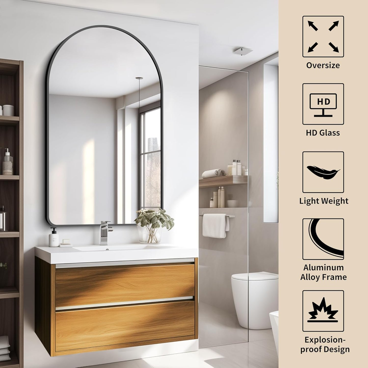 FORBATH Arched Mirror 30x50 Inch, Black Bathroom Mirror Wall Mounted Modern Black Aluminum Alloy Frame Decor Large Dresser Mirror for Bedroom Living Room Entryway, Hanging or Leaning Against Wall