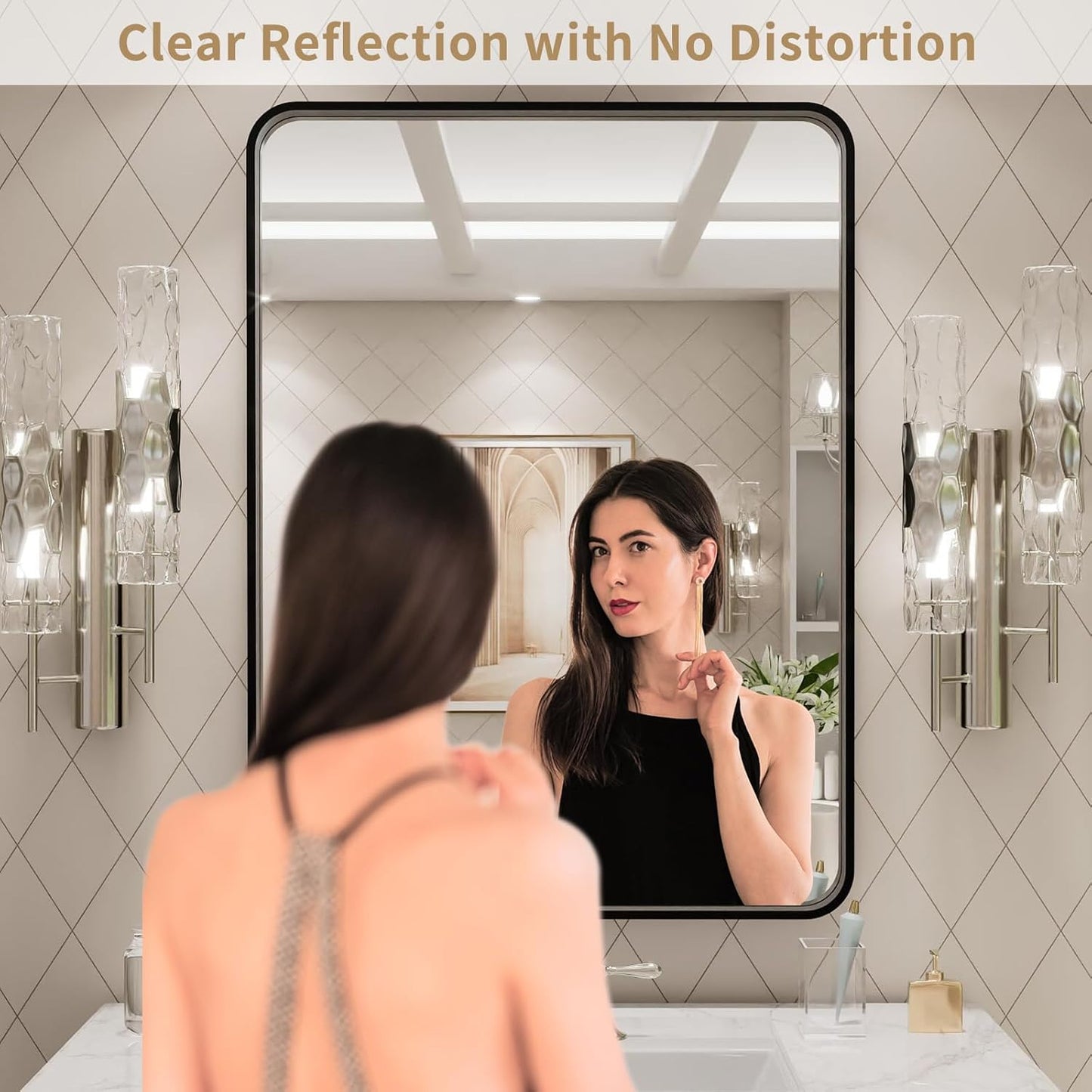 LOAAO 24X32 Inch Black Metal Framed Bathroom Mirror for Wall, Matte Black Bathroom Vanity Mirror Farmhouse, Large Rounded Rectangle Mirror, Anti-Rust, Hangs Horizontally or Vertically