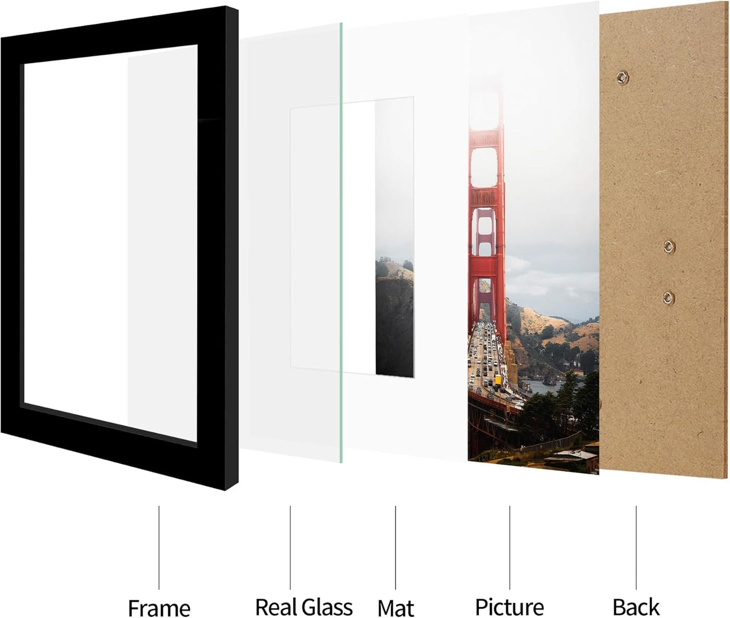 iRahmen 8x12 Picture Frame Set of 2, Black Wood Photo Frame with High Definition Glass, Display Pictures 6x8 with Mat or 8 x 12 without Mat for Tabletop and Wall Mounting