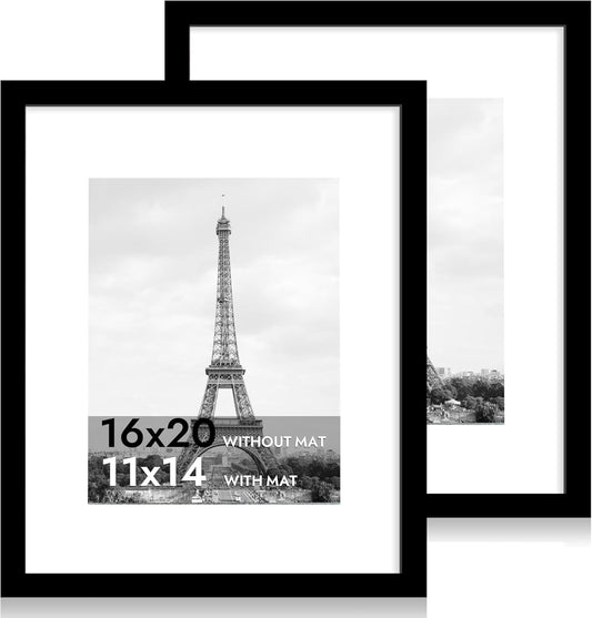 iRahmen 16x20 Picture Frame Set of 2 with Plexiglass, Black Poster Frame Display 11x14 Picture with Mat or 16 x 20 Without Mat, Wood Photo Frame for Horizontal or Vertical Wall Mounting