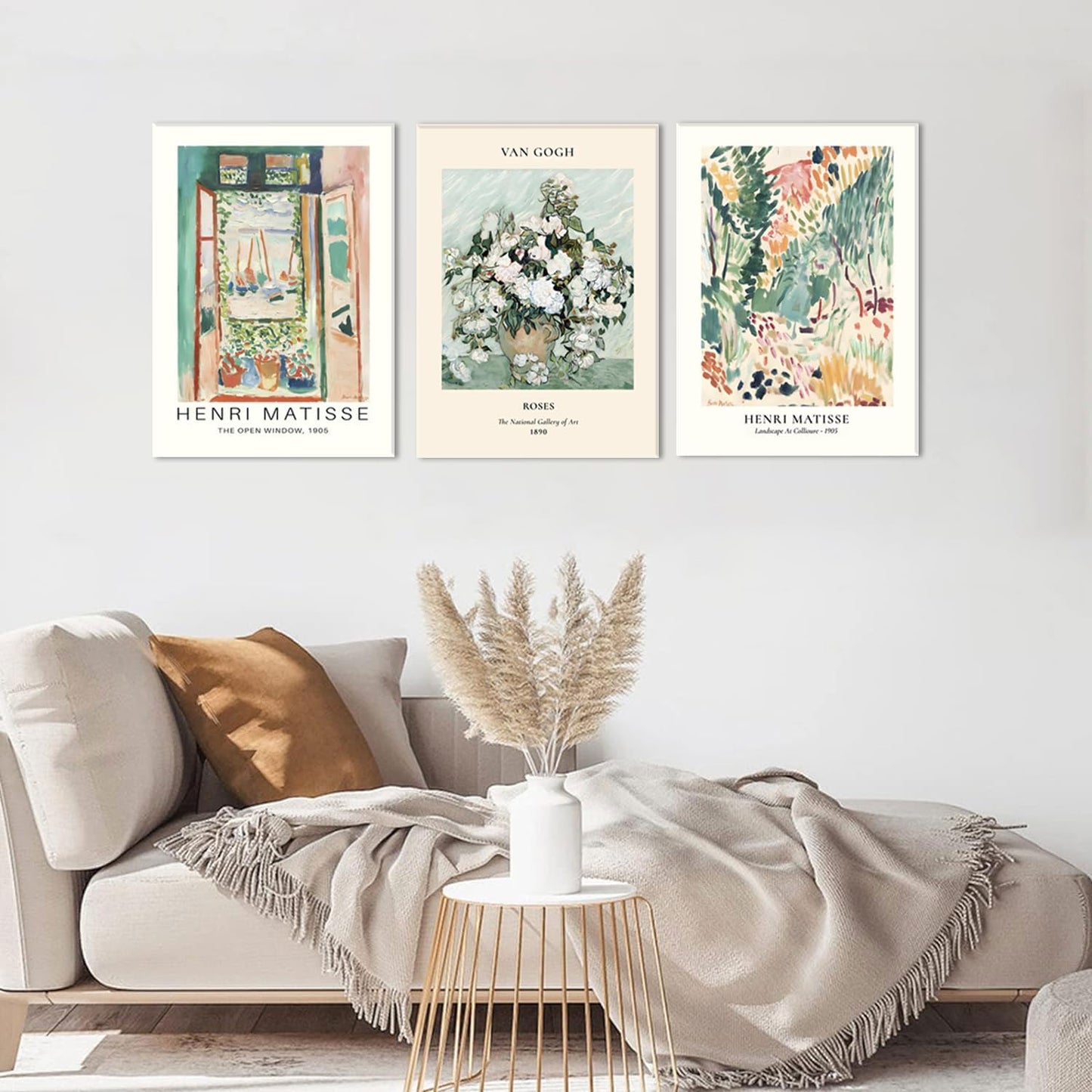 Framed Green Vintage Canvas Wall Art Set of 3 - Van Gogh Abstract Rose Pictures Wall Decor, Mid Century Modern Matisse Artwork Paintings Prints for Living Room Bedroom Bathroom 12x16 inch