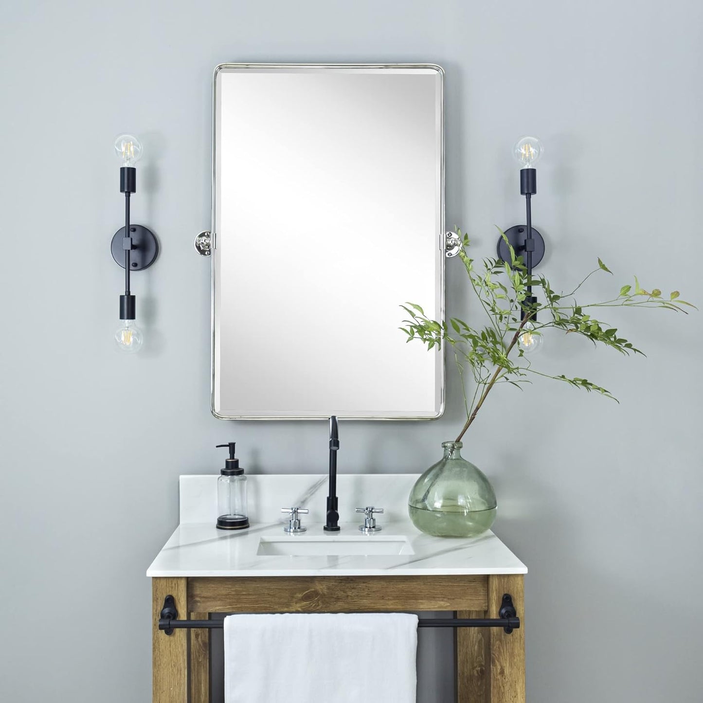 Farmhouse Pivot Rectangle Bathroom Mirror Chrome Metal Framed Tilting Beveled Vanity Mirrors for Wall, Overall 23.91 x 30 inches (Mirrror 20 x 30 inches)