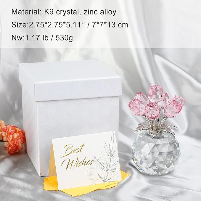 Crystal Rose Bouquet Flower Figurine - Pink Rose Gifts for Women, Collectible Floral Glass Ornaments for Valentine's Day, Mother's Day, Boxed