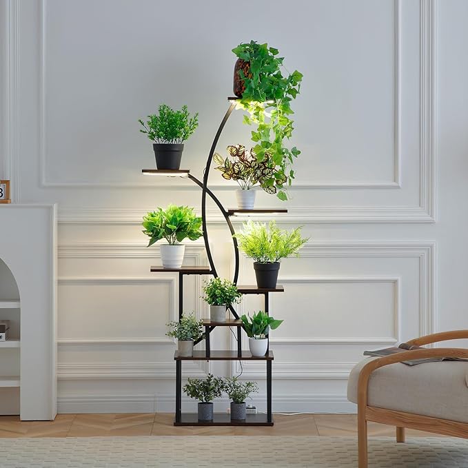 Plant Stand Indoor with Grow Light,8 Tiered Tall Plant Shelf for Multiple Plants, 64.6" Tall Plant Stands for Indoor Plants, Wooden Display Rack Holder, X-Shape Plant Rack, Corner Flower Stand for Living Room, Garden, Patio