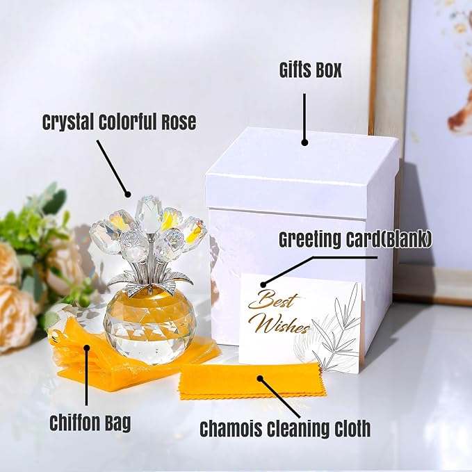 Ornalrist Crystal AB-Color Rose Bouquet Flower with Vase Figurine Decor, Roses Floral Collectible Romantic Gifts for Her, Wife, Mom on Valentine's Christmas Anniversary Mother's Day