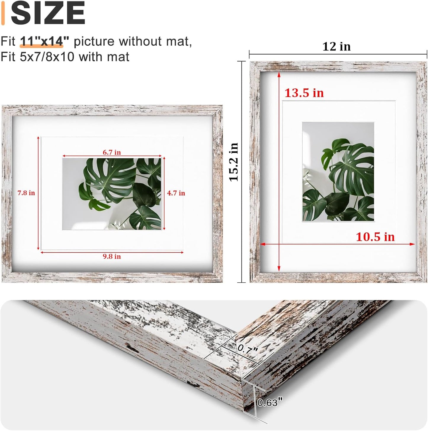 Egofine 11x14 Picture Frame Rustic White 4 Pack - Photo Frame Made of Solid Wood Covered by Plexiglass for Table Top Display Pictures 5x7/8x10 with Mat or 11x14 Without Mat - with Wall Mounting