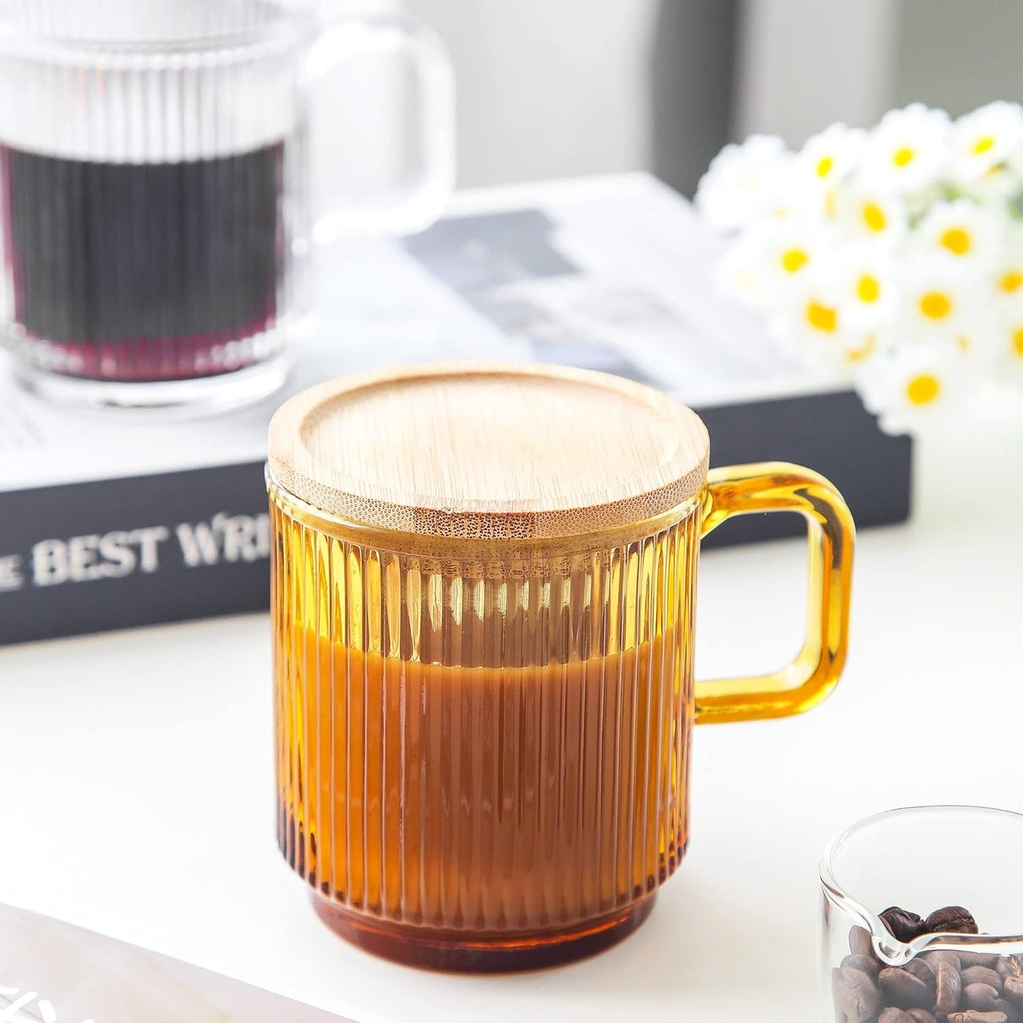Lysenn Amber Glass Coffee Mug with Lid - Premium Classical Vertical Stripes Glass Tea Cup - for |Latte|Tea|Chocolate|Juice|Water| - Unleaded - Bamboo Lid - 12.5 Ounces