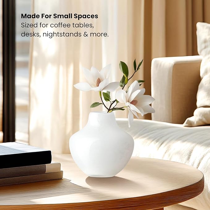 Torre & Tagus 4" Mouth Blown Art Glass Vase for Flowers - Opaque White Small Table Vase & Handmade Small White Accent for Modern Home Decor, Neutral Bud Vases as Decorative Shelf Decor or Wedding