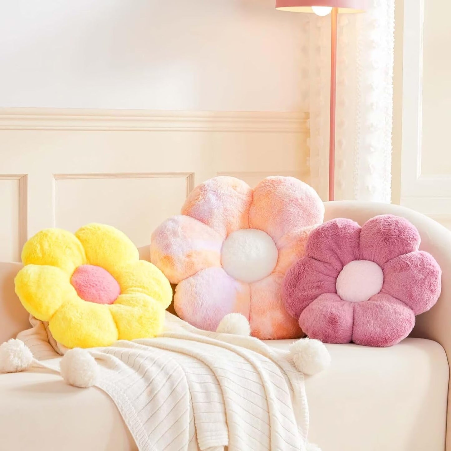 Dusty Purple Flower Pillow, Cute Decorative Flower Shaped Throw Pillow with Faux Rabbit Fur, 14.9" Soft Flower Plush Throw Pillow Floor Pillows Room Décor for Bedroom Living Room