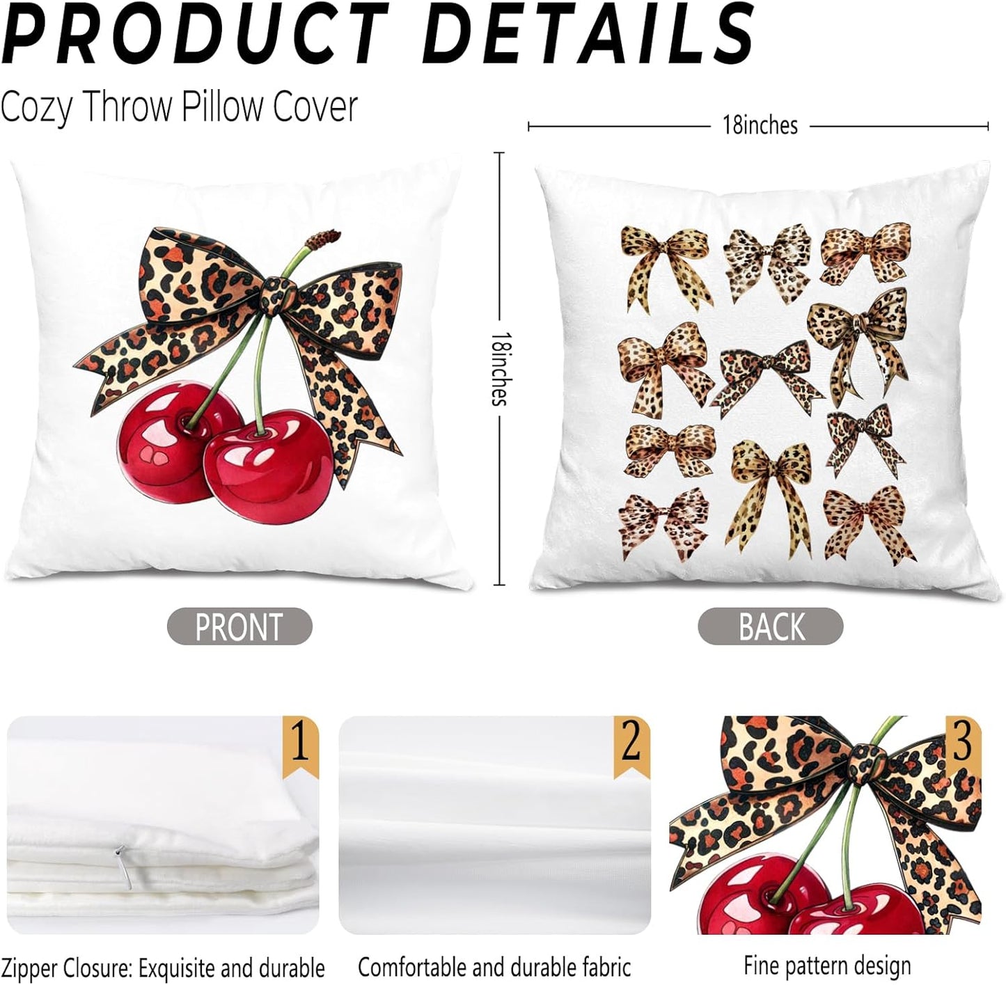 Coquette Leopard Bow Cherry Pillow Covers 18x18, Coquette Cheetah Print Room Decor, Preppy Girly Trendy Leopard Ribbon Cherry Decorative Throw Pillow Covers for Girls Dorm Apartment