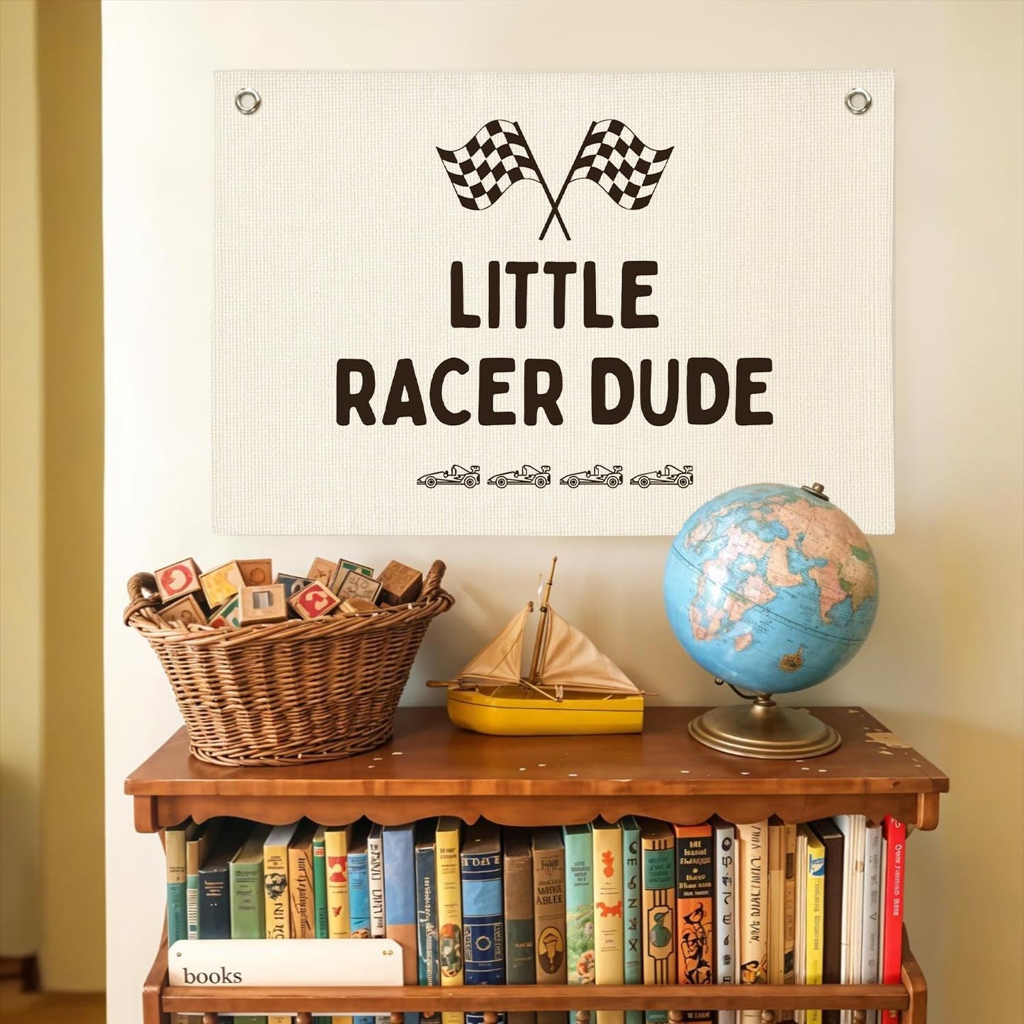 Little Racer Dude Canvas Banner – Race Car Room Decor for Boys, Toddler Boy Wall Hanging for Bedroom or Playroom, 30x20 Inch