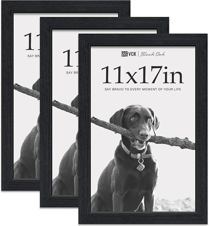 VCK 11x17 Picture Frame 3 Pack - Black Oak, Natural Textured Solid Wood Poster Frame, Wall Hanging