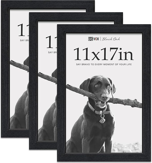 VCK 11x17 Picture Frame 3 Pack - Black Oak, Natural Textured Solid Wood Poster Frame, Wall Hanging