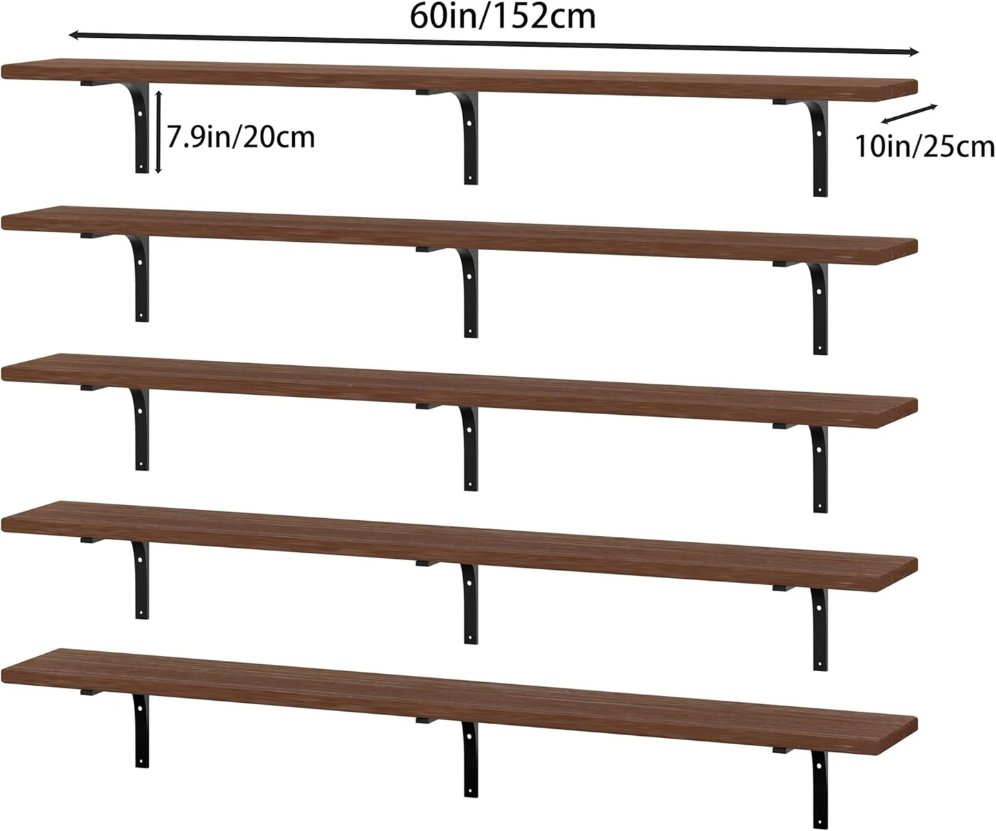 Long Floating Shelf for Wall 60 inch,Long Wall Shelves Set of 5,Rustic Solid Wood Bookshelf,Large Bookcase for Bedroom Bar (Brown, 60 Inch)