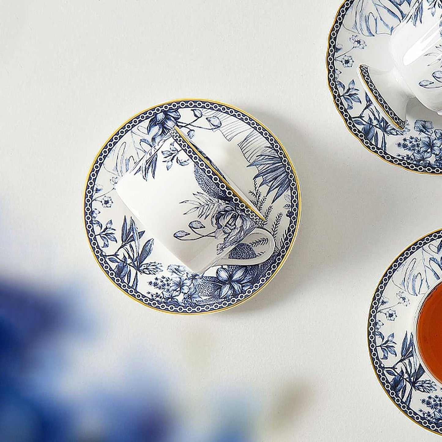 fanquare 6 oz Blue Floral Bone China Tea Cup with Saucer, Hand Print Procelain Cups for Tea Party, British Coffee Cup and Saucer