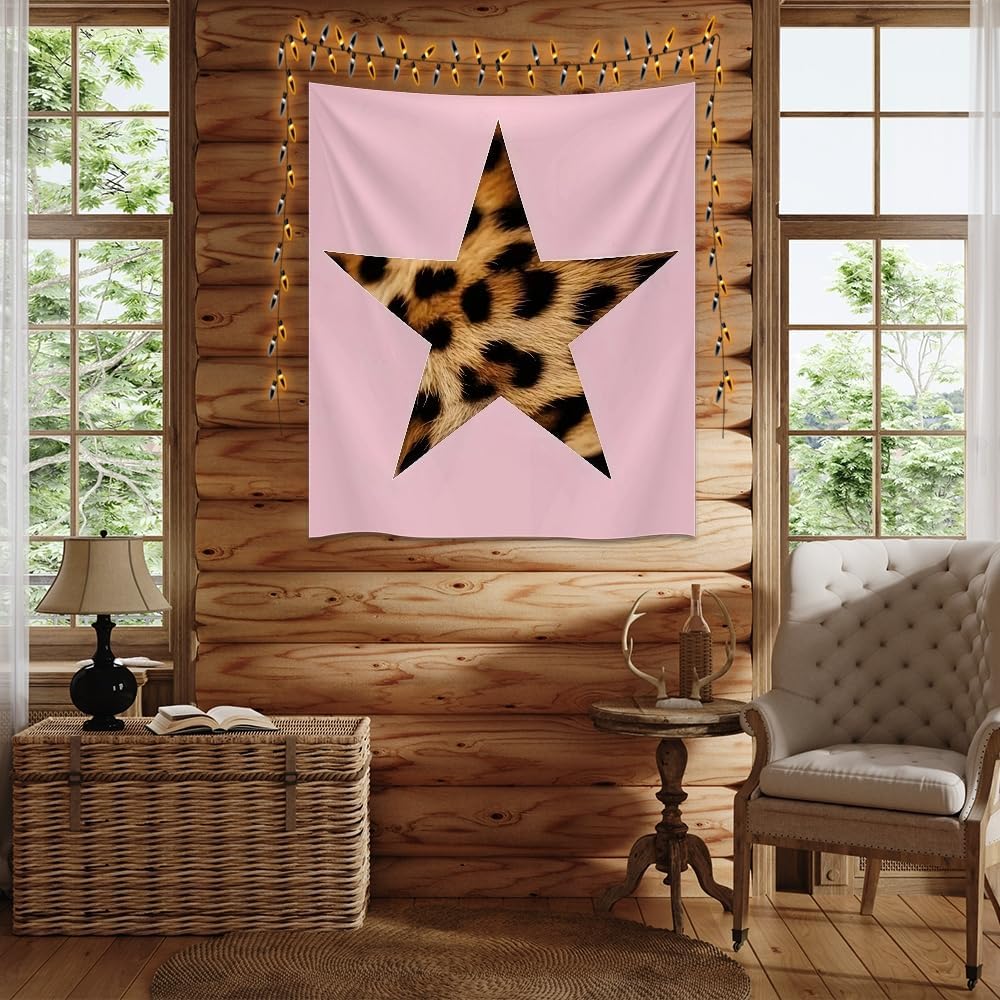 Medpol Pink Leopard Star Tapestry, Boho Chic Fashion Wall Hanging Trendy Animal Print Star Decor Tapestries Stylish Pink Aesthetic Wall Art for Bedroom Living Room 60x90inch