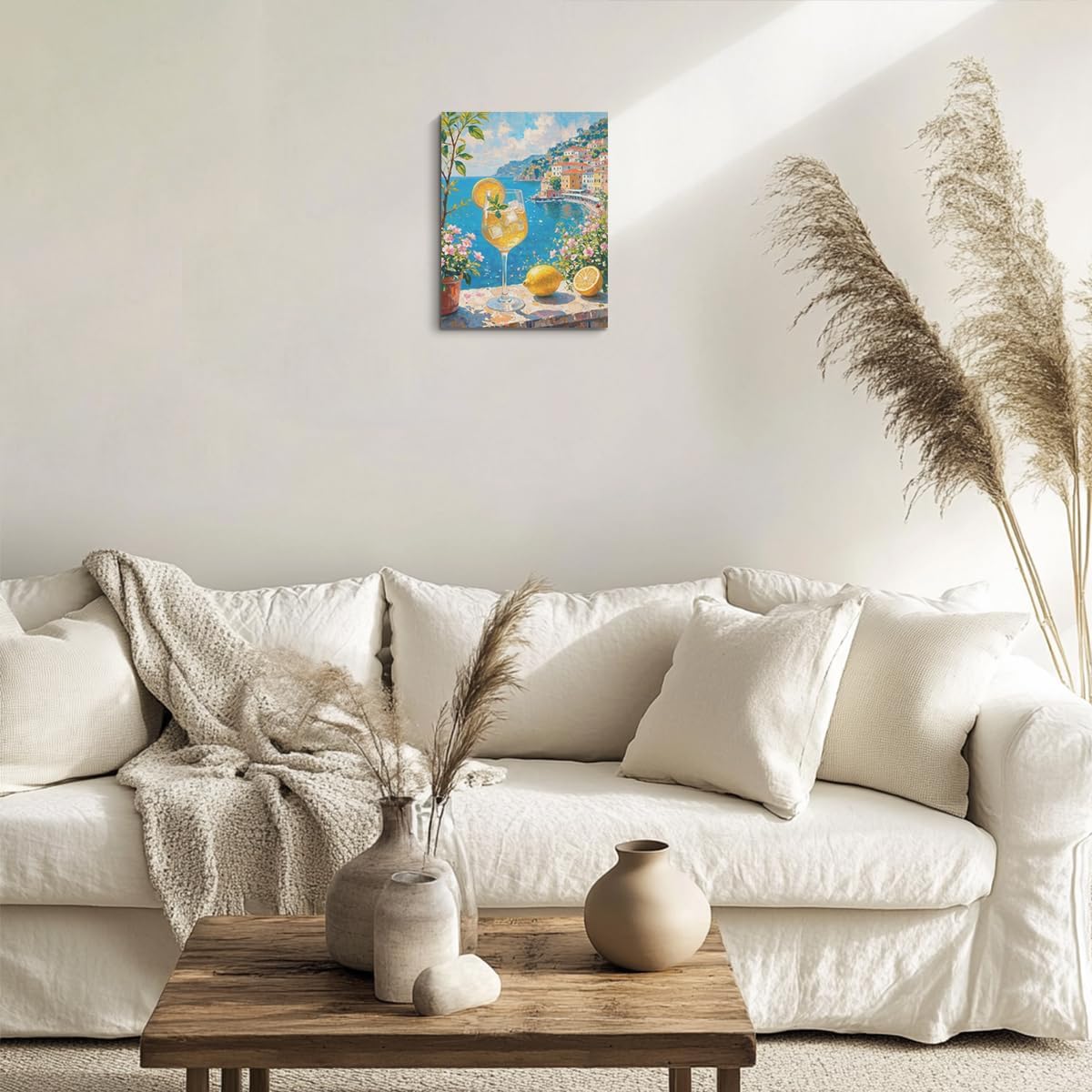 Italy City Wall Art, Coastal Landscape Watercolor Painting Italy Lemon Canvas Framed Prints Modern Decorations, Summer Aesthetic Flowers Poster for Living Room Entryway Farmhouse Bedroom Dining room