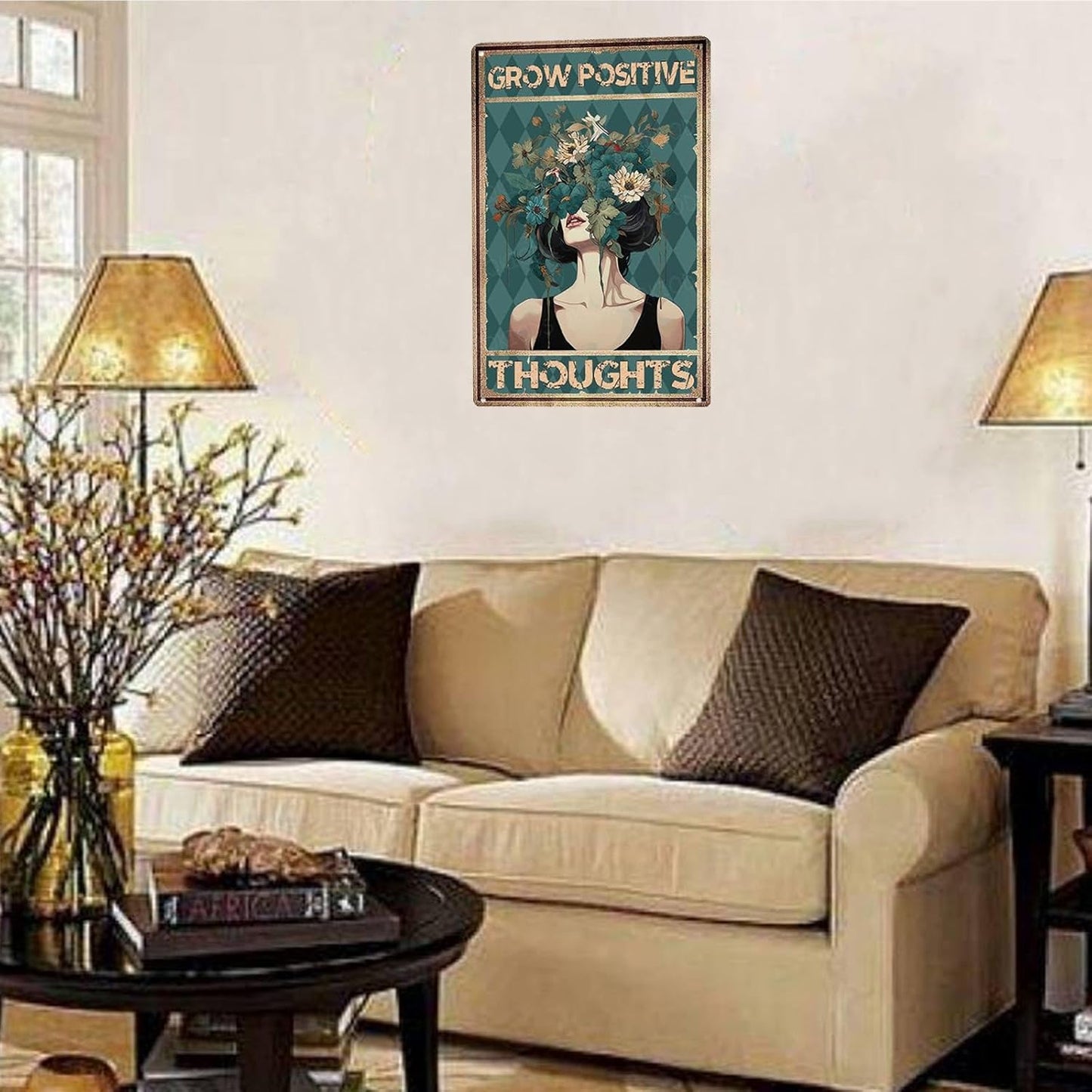 Grow Positive Thoughts Funny Vintage Tin Sign Metal Aluminum Signs Gift for Women Home Office Bar Yard Garden Wall Decoration 8×12 Inches