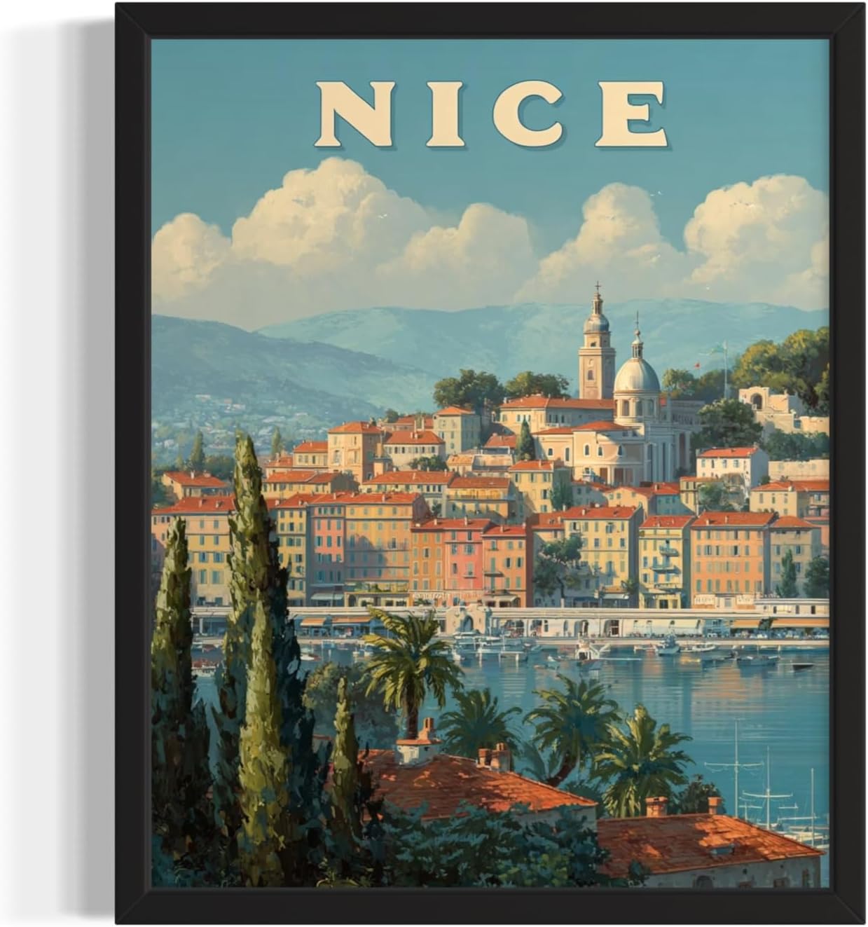 Nice, France Art Print Poster, Europe Vintage City Retro Photography Skyline Travel Bedroom Bathroom Living Room Decor 183 (Nice, France, 24 x 36 inches, Black Frame)