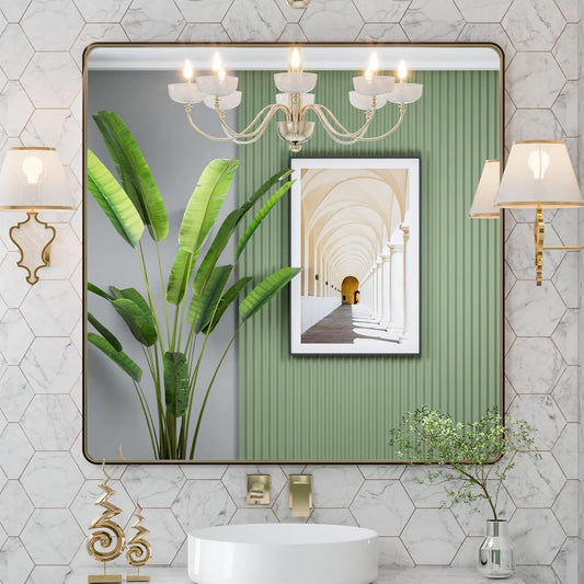 LOAAO 36”X36” Bronze Bathroom Mirrors for Vanity, Rounded Rectangle Brushed Bronze Metal Frame Mirror, Anti-Rust, Tempered Glass, Hangs Horizontally or Vertically