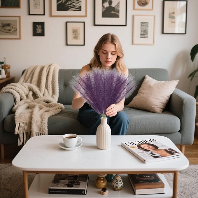 30 Pcs Deep Purple Faux Pampas Grass, 17 Inches Artificial Pampas Grass Bulk, Short Fluffy Faux Pompas for Vase Filler, Home Boho, Wedding Anniversaries, Baby Shower Decoration