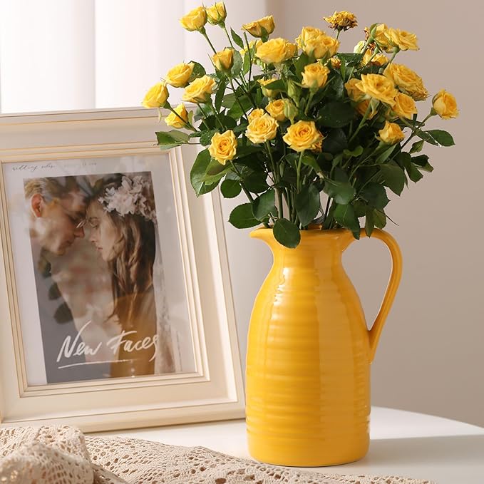 hjn Farmhouse Pitcher Vase for Flowers- Decrative Pitchers White Ceramic Pitcher Yellow Vase for Your Kitchen/Home Decor/Office/Living Room/Bookshelf/Mantel/-Yellow