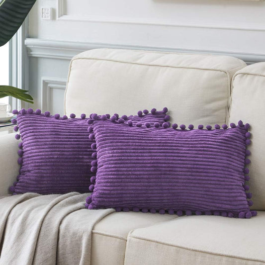 Fancy Homi Pack of 2 Boho Lumbar Decorative Throw Pillow Covers with Pom-poms, Soft Corduroy Solid Rectangle Cushion Cases Set for Living Room Couch Sofa Bedroom Car (12x20 Inch/30x50 cm, Purple)