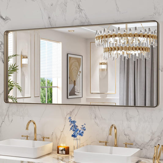 LOAAO 60”X28” Bronze Bathroom Mirrors for Vanity, Rounded Rectangle Brushed Bronze Metal Frame Mirror, Anti-Rust, Tempered Glass, Hangs Horizontally or Vertically